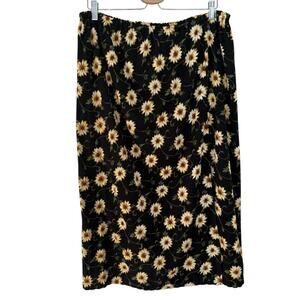 Daisy Black and Yellow Midi Skirt With Side Slit Floral Black Skirt